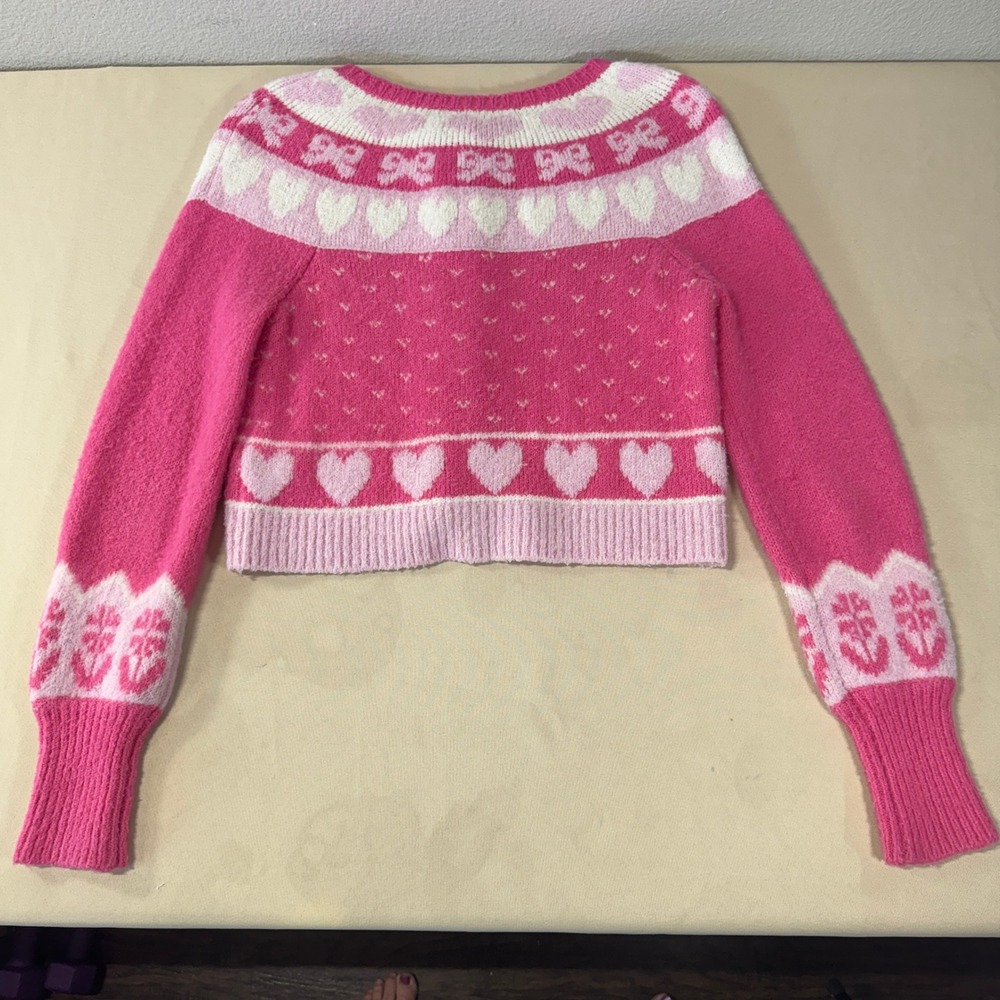 LoveShackFancy Dimples Pink Heart Bow Cropped Cardigan Sweater Size M Coquette - Picture 5 of 15
